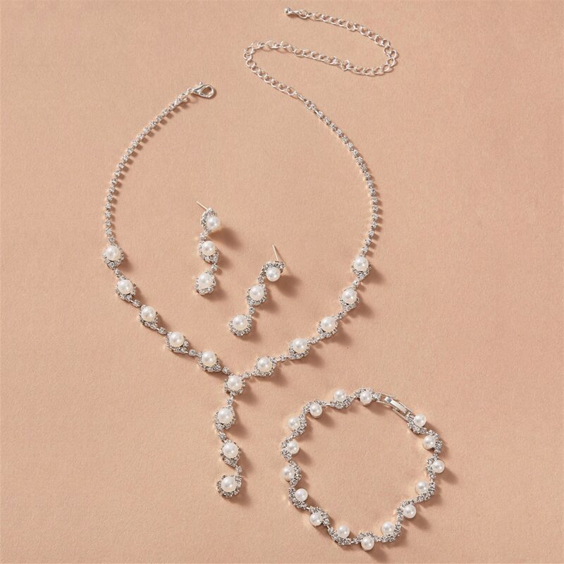 

4pcs Rhinestone & Faux Pearl Jewelry Set, Silver