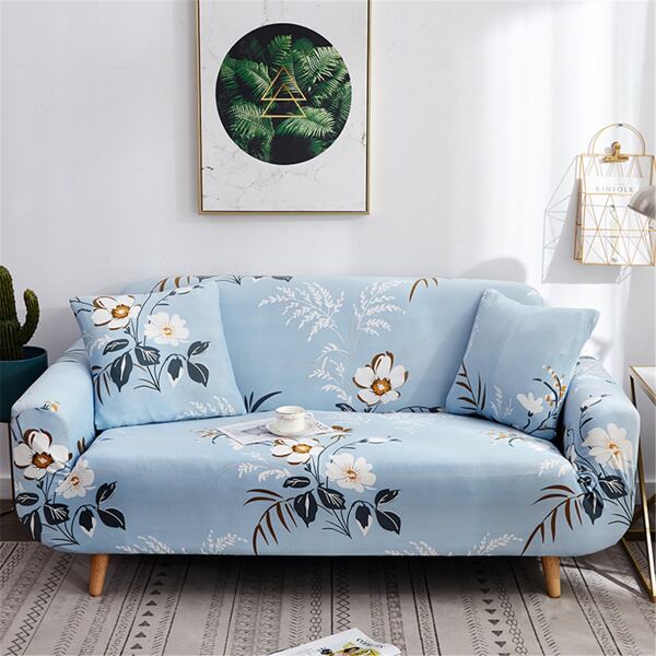 

Floral Pattern Stretchy Sofa Cover & 1pc Cushion Cover, Baby blue