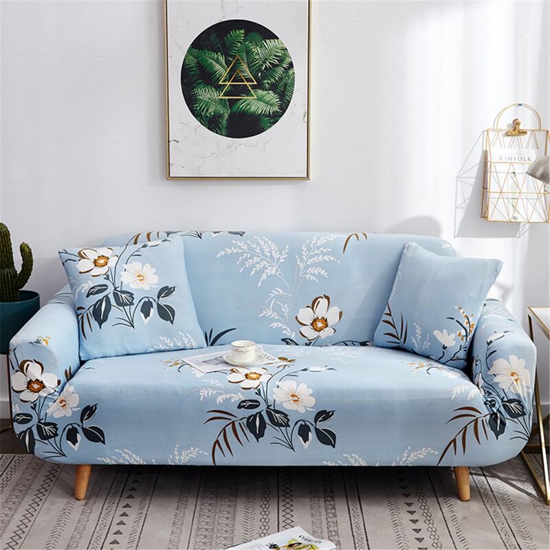 

Floral Pattern Stretchy Sofa Cover & 1pc Cushion Cover, Baby blue