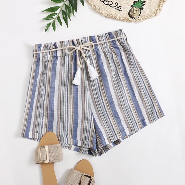 

Plus Paperbag Waist Tassel Belted Striped Shorts, Multicolor