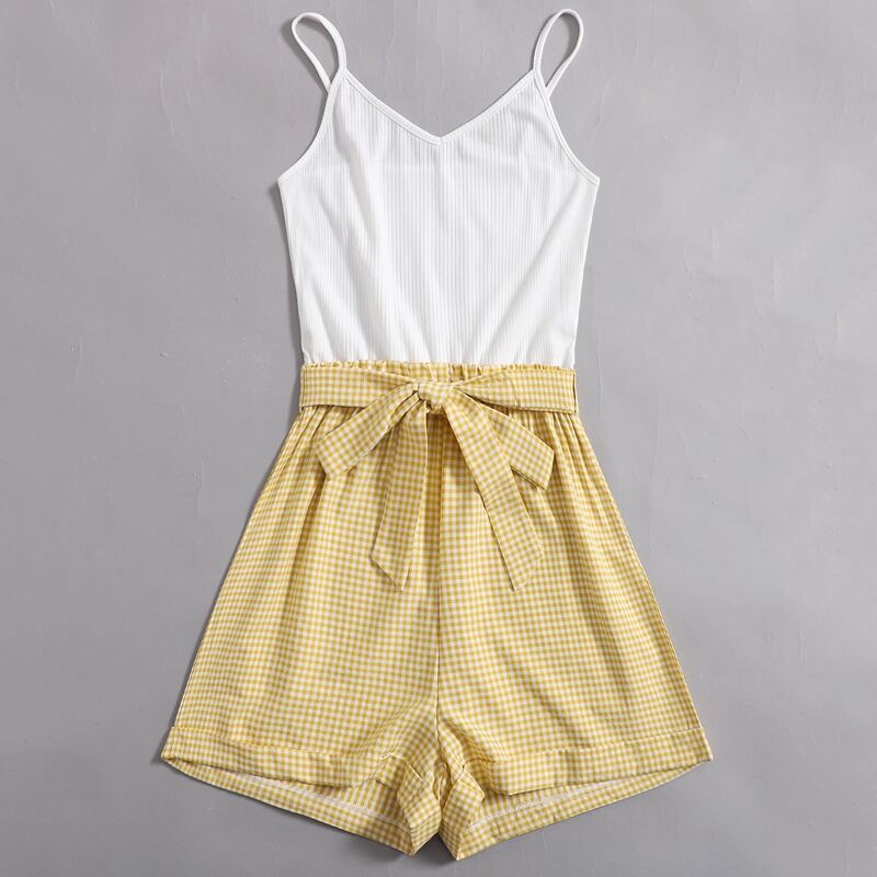 

Plaid Tie Front Romper, Multicolor