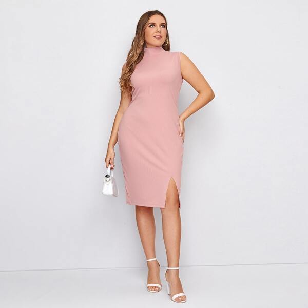 

Plus Mock Neck Split Hem Fitted Dress, Baby pink