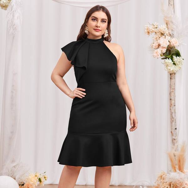 

Plus Ruffle Hem Asymmetrical Neck Dress, Black