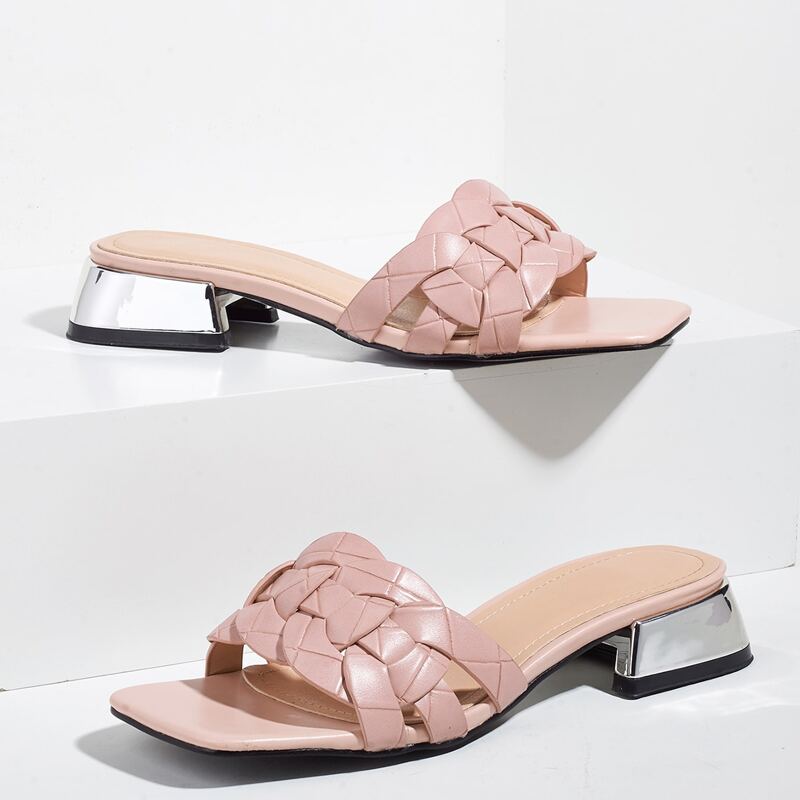 

Cross Strap Block Heeled Mules, Pink