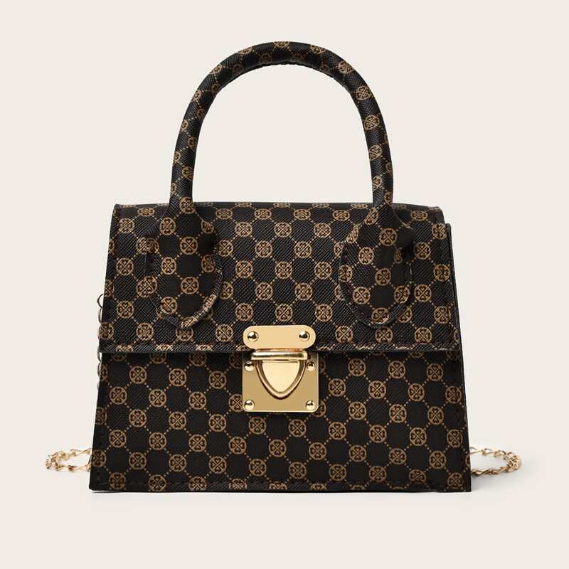 

Geo Graphic Chain Satchel Bag, Coffee brown