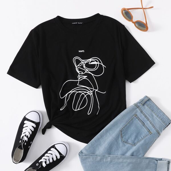 

Graphic Print Round Neck Tee, Black