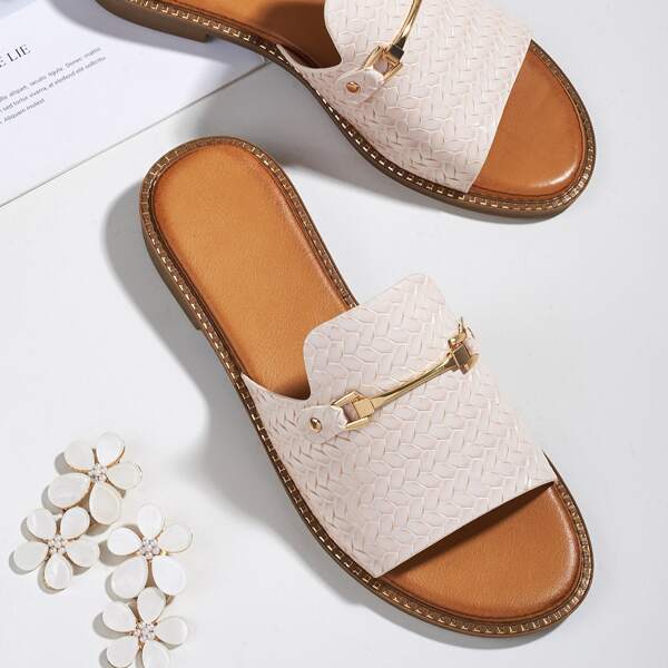 

Horsebit Decor Braided Embossed Slide Sandals, Beige