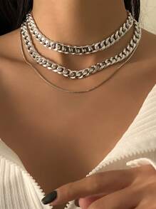 3pcs Metal Chain Necklace - Silver - View 1