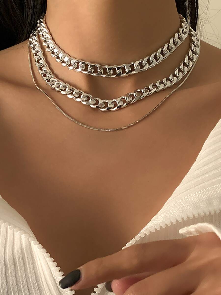 3pcs Metal Chain Necklace - Silver - View 1
