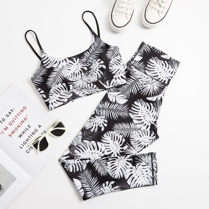 

Tropical Print Sports Bra & Leggings, Black and white