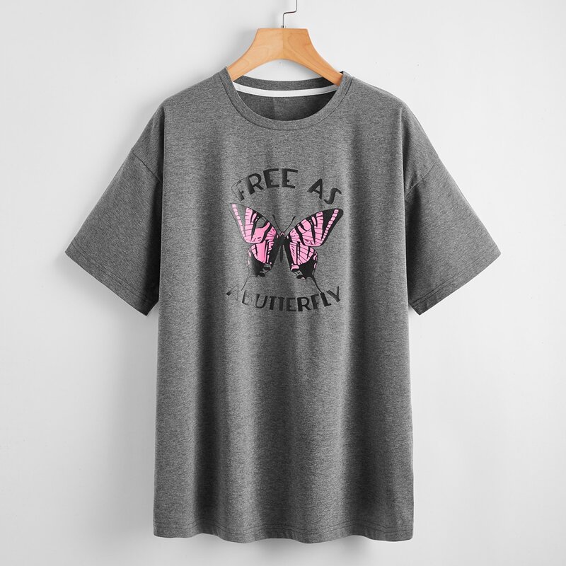 

Letter Butterfly Graphic Oversized Tee, Grey