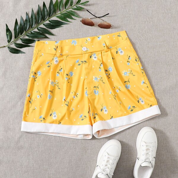 

Plus Rolled Hem Floral And Polka Dot Shorts, Yellow