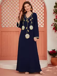 Al Najma Plants Embroidered Tunic Dress Kaftan Jalabiya Dress - Navy Blue - View 1