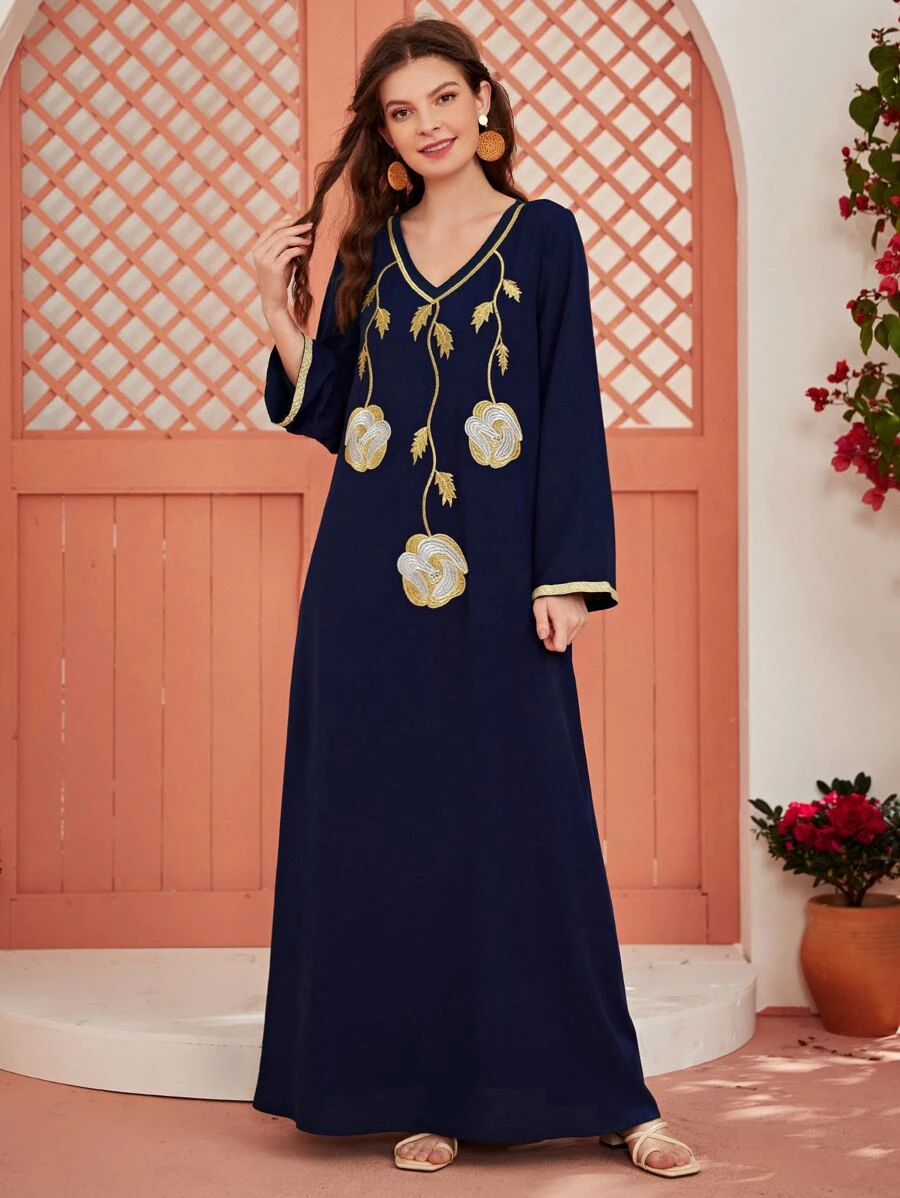 Al Najma Plants Embroidered Tunic Dress Kaftan Jalabiya Dress - Navy Blue - View 1