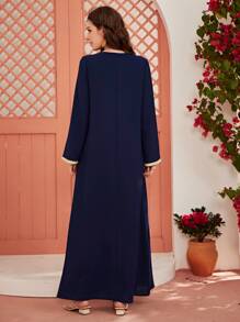 Al Najma Plants Embroidered Tunic Dress Kaftan Jalabiya Dress - Navy Blue - View 2