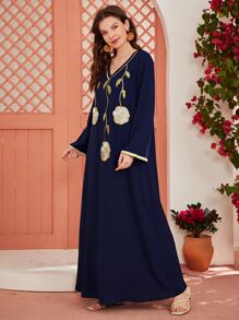 Al Najma Plants Embroidered Tunic Dress Kaftan Jalabiya Dress - Navy Blue - View 3