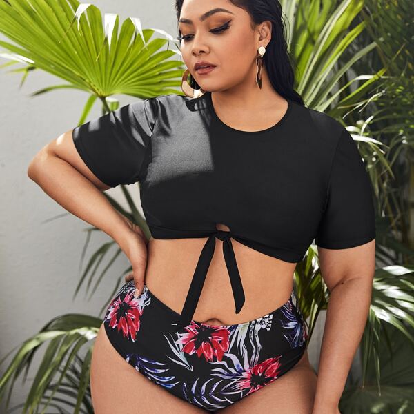 

Plus Floral & Leaf Print Knot Bikini Swimsuit, Multicolor