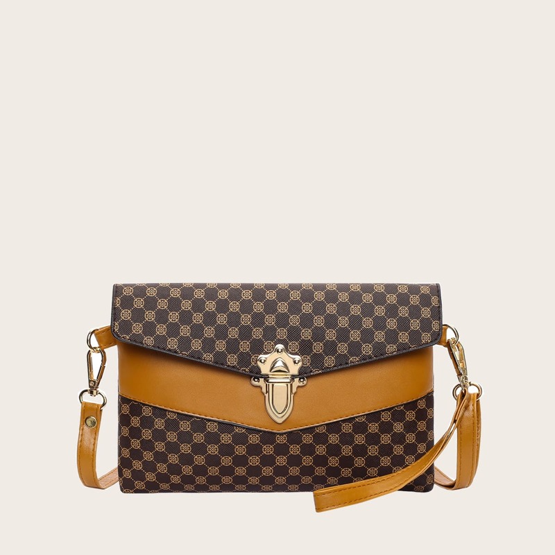 

Geometric Graphic Push Lock Crossbody Bag, Brown