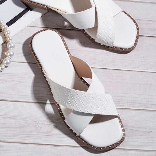 

Braided Embossed Cross Strap Slide Sandals, White