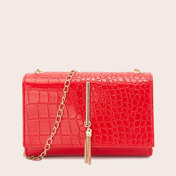 

Metal Tassel Decor Flap Chain Bag, Red