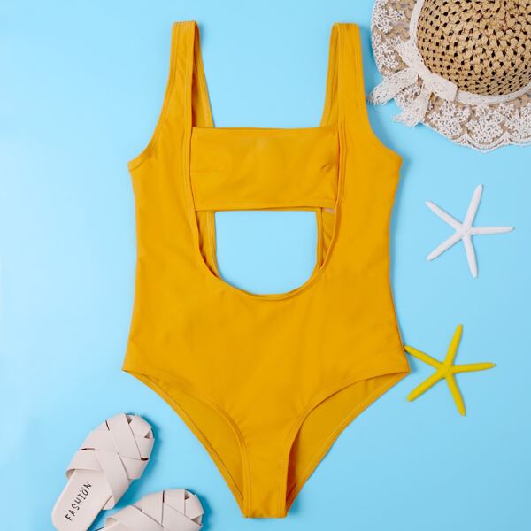 

Girls Cut-out One Piece Swimsuit, Mustard yellow