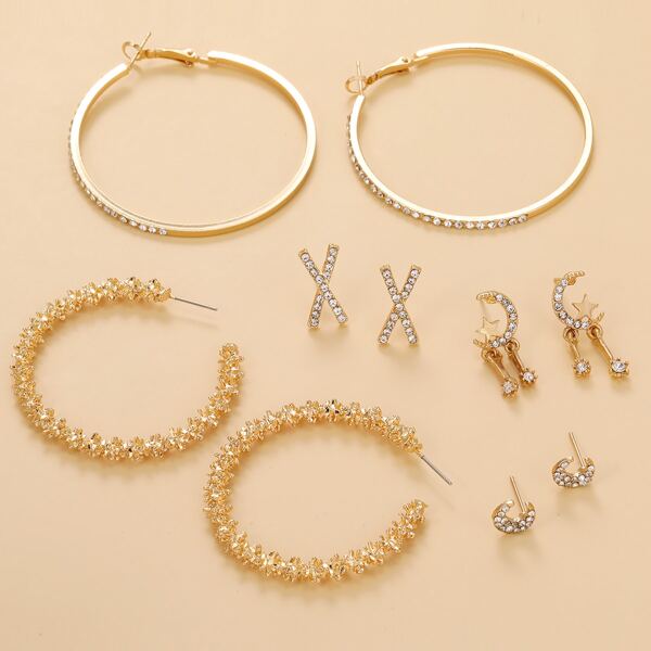 

5pairs Rhinestone Star & Moon Decor Earrings, Gold