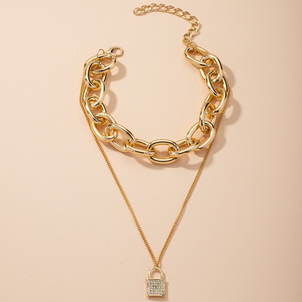 

Rhinestone Lock Charm Necklace, Gold