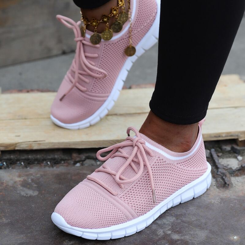 

Lace Up Decor Low Top Knit Sneakers, Baby pink
