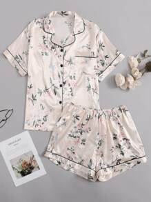 Plus Satin Floral Print Lapel Neck PJ Set - Apricot - View 1