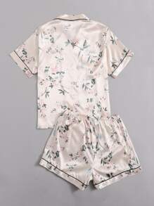 Plus Satin Floral Print Lapel Neck PJ Set - Apricot - View 2