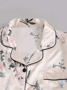 Plus Satin Floral Print Lapel Neck PJ Set - Apricot - View 3