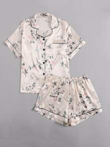 Plus Satin Floral Print Lapel Neck PJ Set - Apricot - View 4