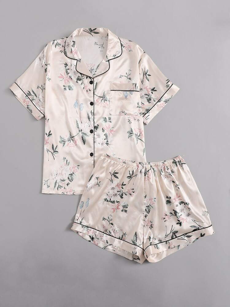 Plus Satin Floral Print Lapel Neck PJ Set - Apricot - View 4