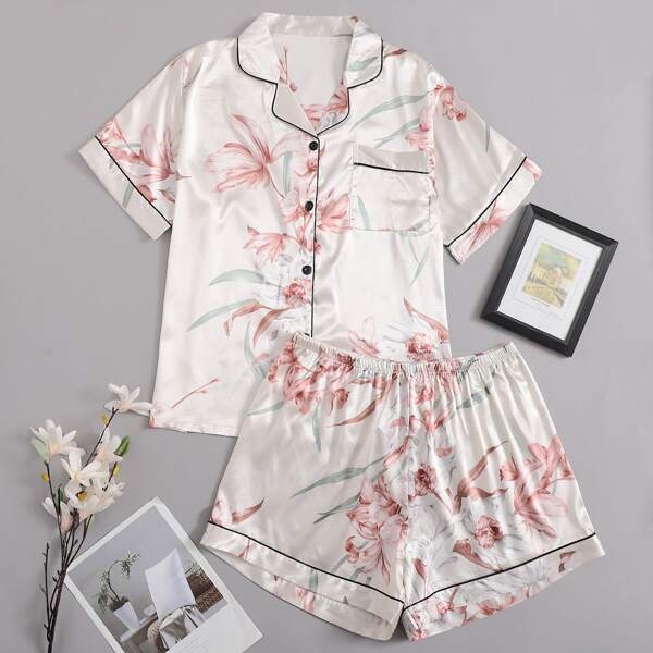 

Plus Satin Floral Print Lapel Neck PJ Set, Apricot