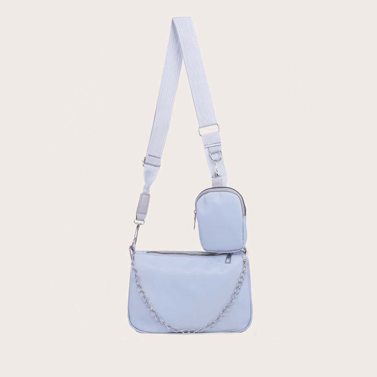 

Chain Decor Shoulder Bag With Coin Case, Dusty blue