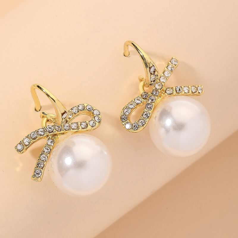 

Rhinestone Knot Decor Faux Pearl Drop Earrings, Gold