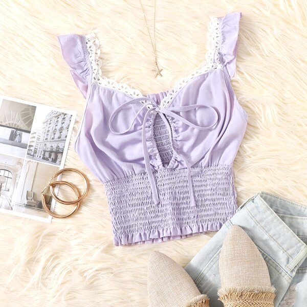 

Eyelet Embroidery Trim Tie Front Shirred Top, Pastel lilac purple