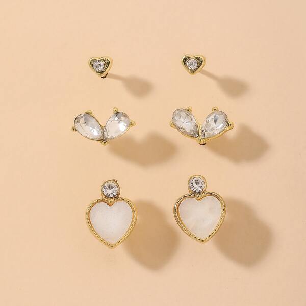 

3pairs Rhinestone Design Stud Earrings, Gold