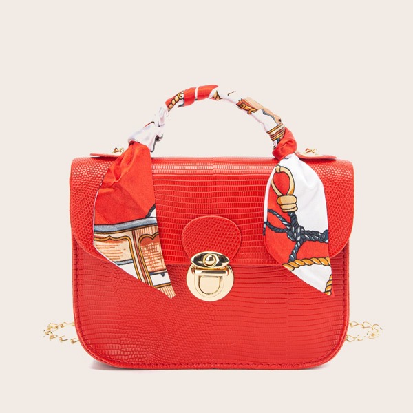 

Twilly Scarf Decor Push Lock Chain Satchel Bag, Red