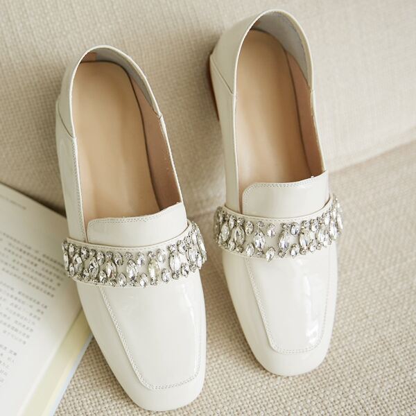 

Rhinestone Decor Leather Loafers, White