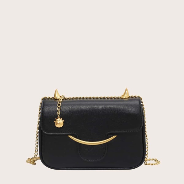 

Cartoon Decor Flap Chain Shoulder Bag, Black