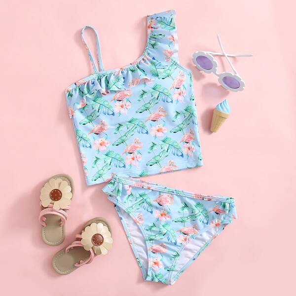 

Girls Floral & Flamingo Ruffle Bikini Swimsuit, Multicolor