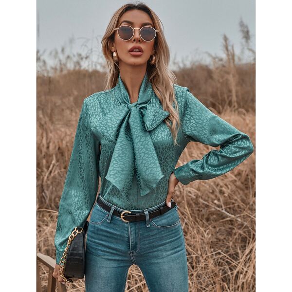 

Tie Neck Leopard Print Satin Blouse, Cadet blue