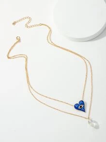 Heart Charm Layered Necklace - Yellow Gold - View 3