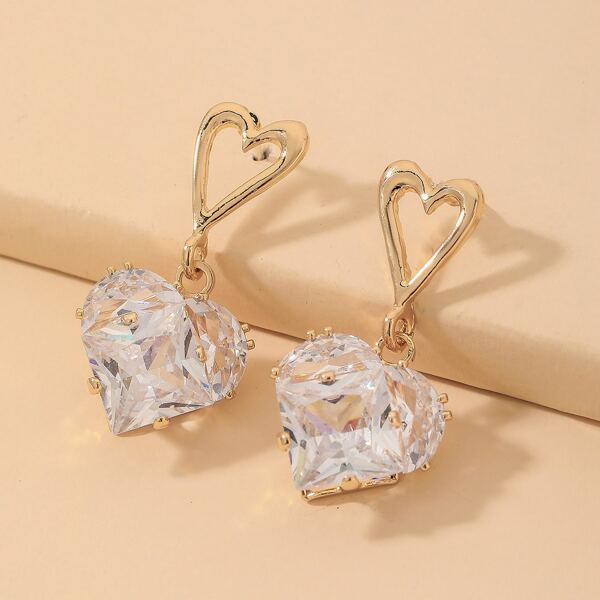 

Zircon Decor Heart Drop Earrings, Gold