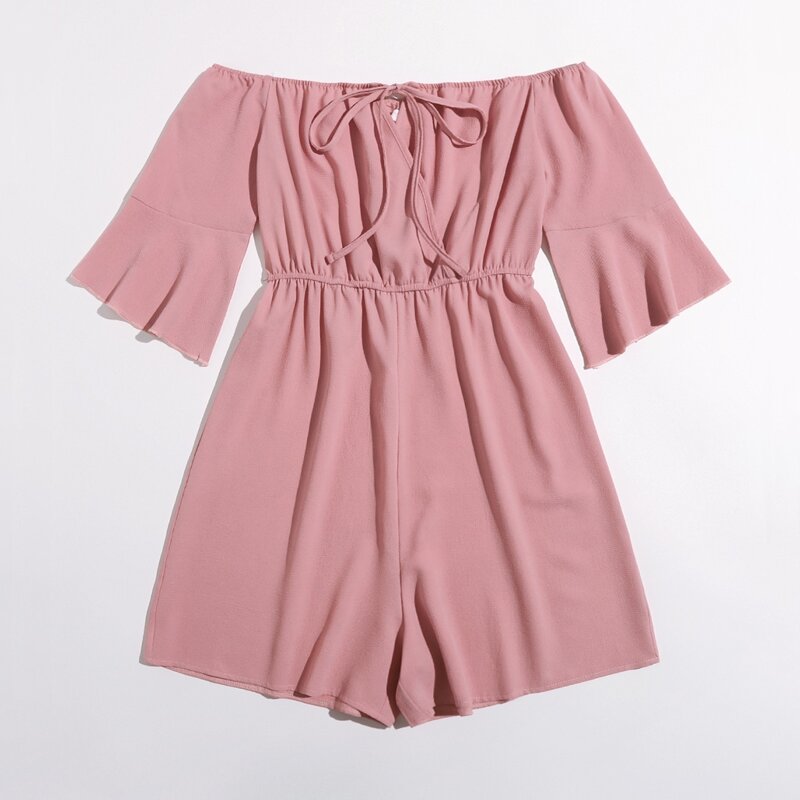 

Solid Off The Shoulder Wrap Romper, Dusty pink