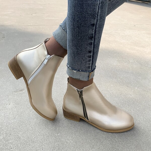 

Metallic Side Zipper Ankle Boots, Gold