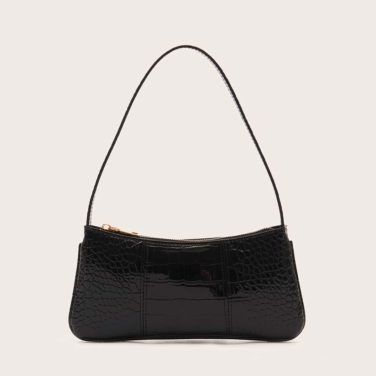 

Croc Embossed Baguette Bag, Black