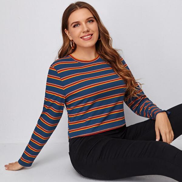 

Plus Striped Print Rib-knit Tee, Multicolor