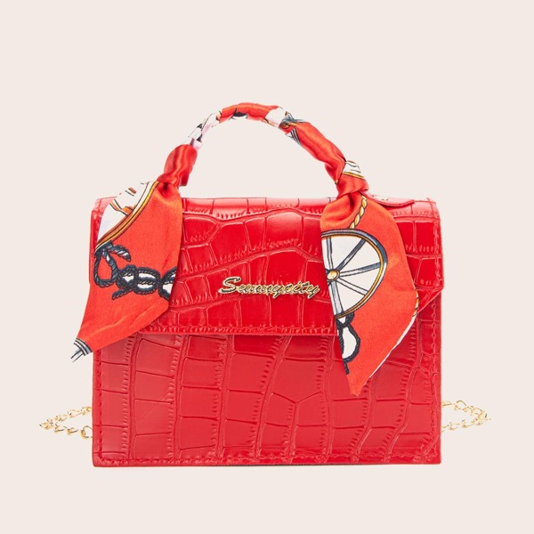 

Twilly Scarf Decor Croc Embossed Chain Satchel Bag, Red
